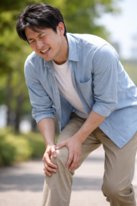 膝の痛みに顔をしかめながら右膝を押さえる日本人の成人男性(屋外・日中)
