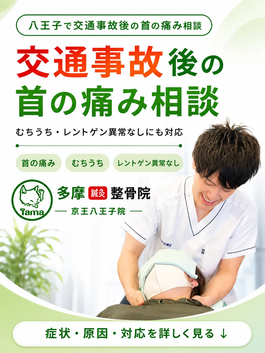 八王子で交通事故後の首の痛み、むちうち、レントゲン異常なしの違和感にも対応する多摩鍼灸整骨院 京王八王子院のFV画像