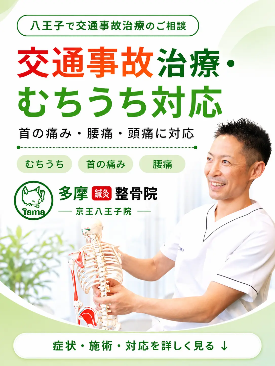 八王子で交通事故治療やむちうち対応、首の痛み・腰痛・頭痛の相談に対応する多摩鍼灸整骨院 京王八王子院のFV画像