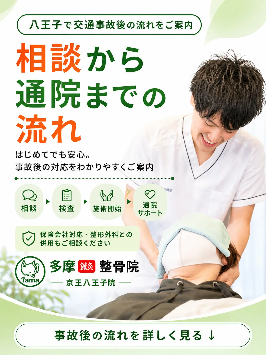 八王子で交通事故後の相談から検査、施術開始、通院サポートまでの流れを案内する多摩鍼灸整骨院 京王八王子院のFV画像