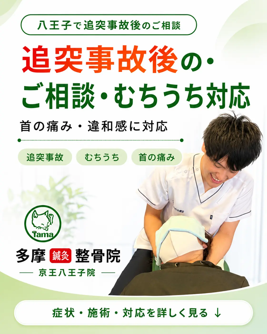 八王子で追突事故後のむちうち、首の痛み、違和感に対応する多摩鍼灸整骨院 京王八王子院のFV画像