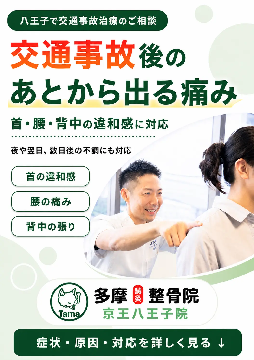 八王子で交通事故後にあとから出る首・腰・背中の痛みや違和感に対応する多摩鍼灸整骨院 京王八王子院のFV画像