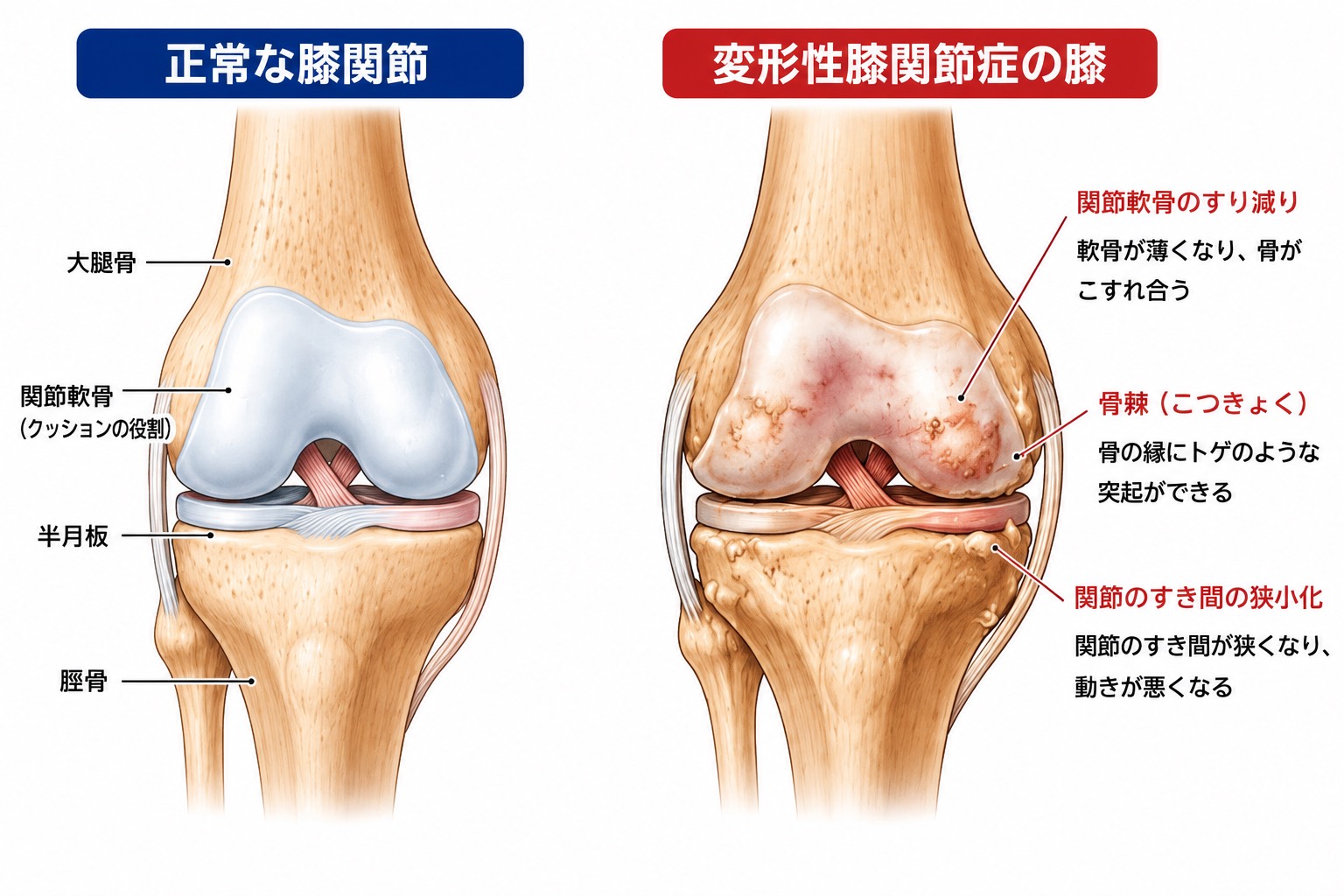正常な膝関節と変形性膝関節症の膝の違いを示したイラスト
