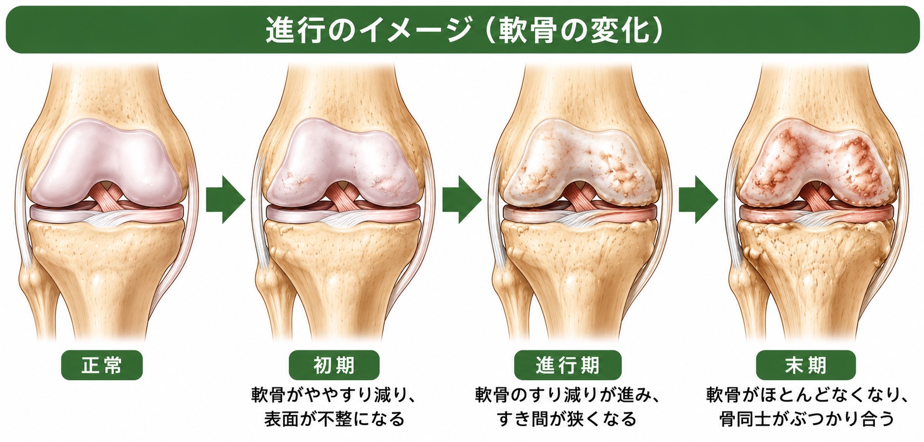変形性膝関節症で関節軟骨が変化していく進行イメージ