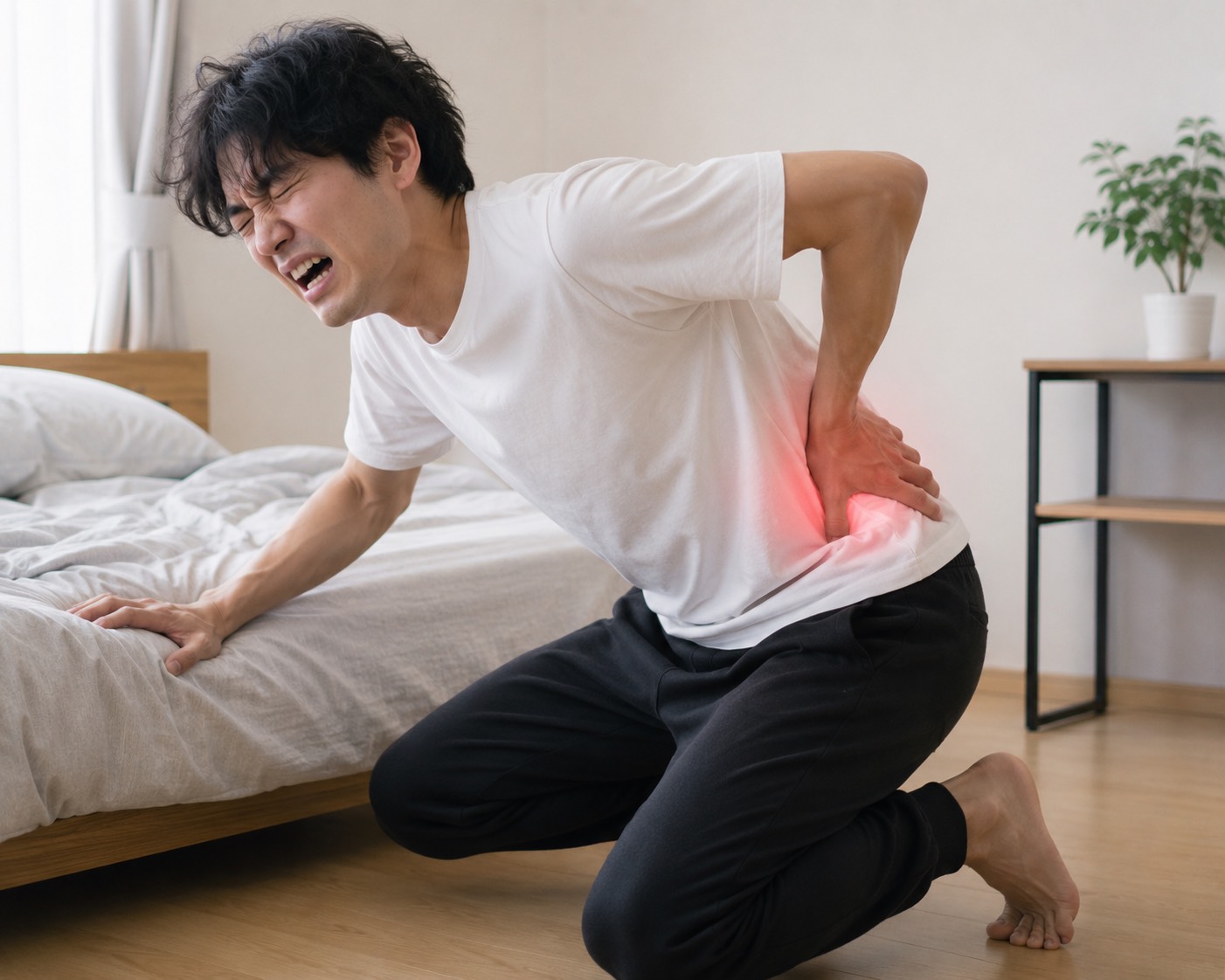 ベッドの横で腰を押さえ、強い腰痛に悩む男性