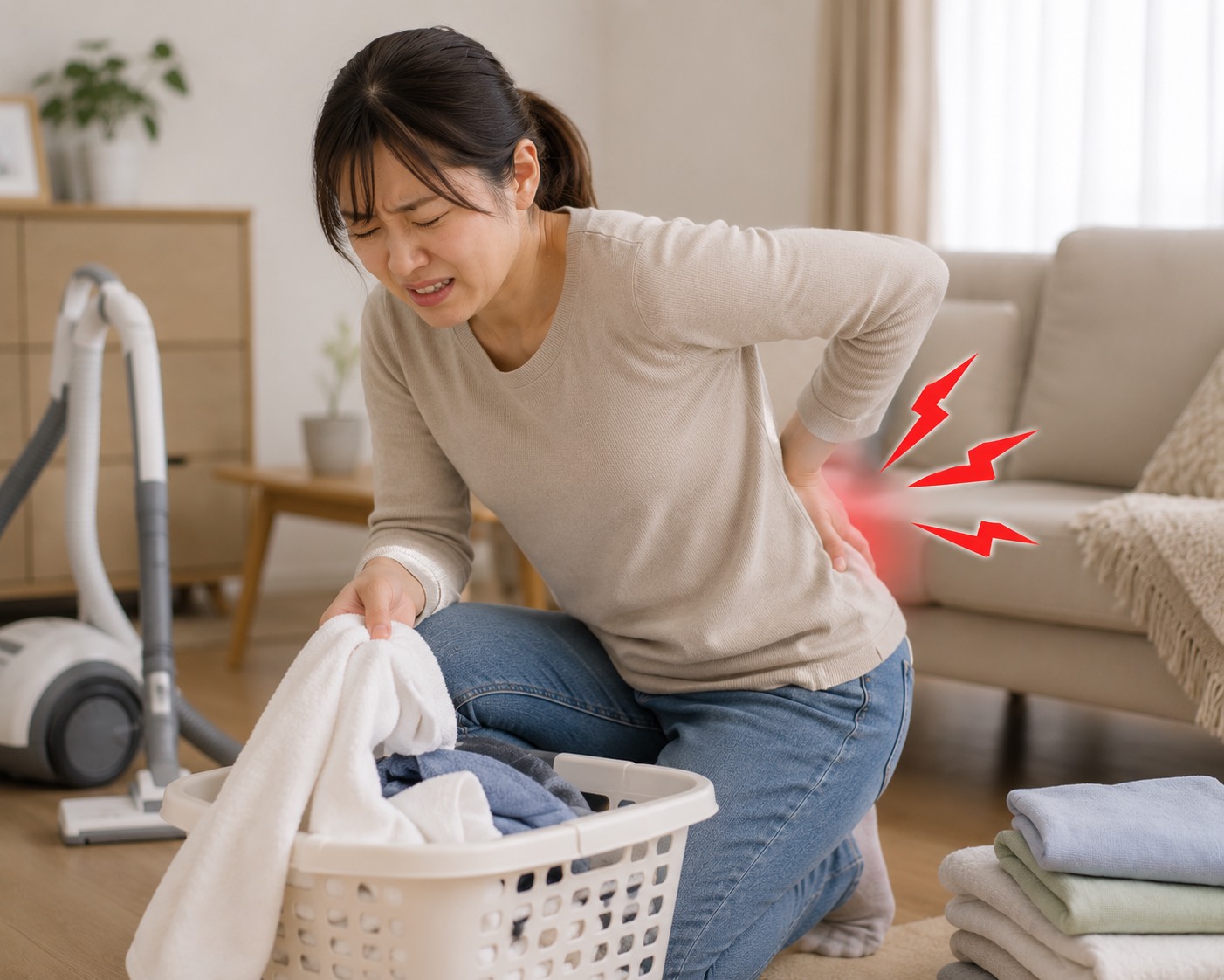 八王子市|掃除や洗濯など家事動作と腰痛 家事の作業中に腰の痛みを感じる女性|八王子市の腰痛