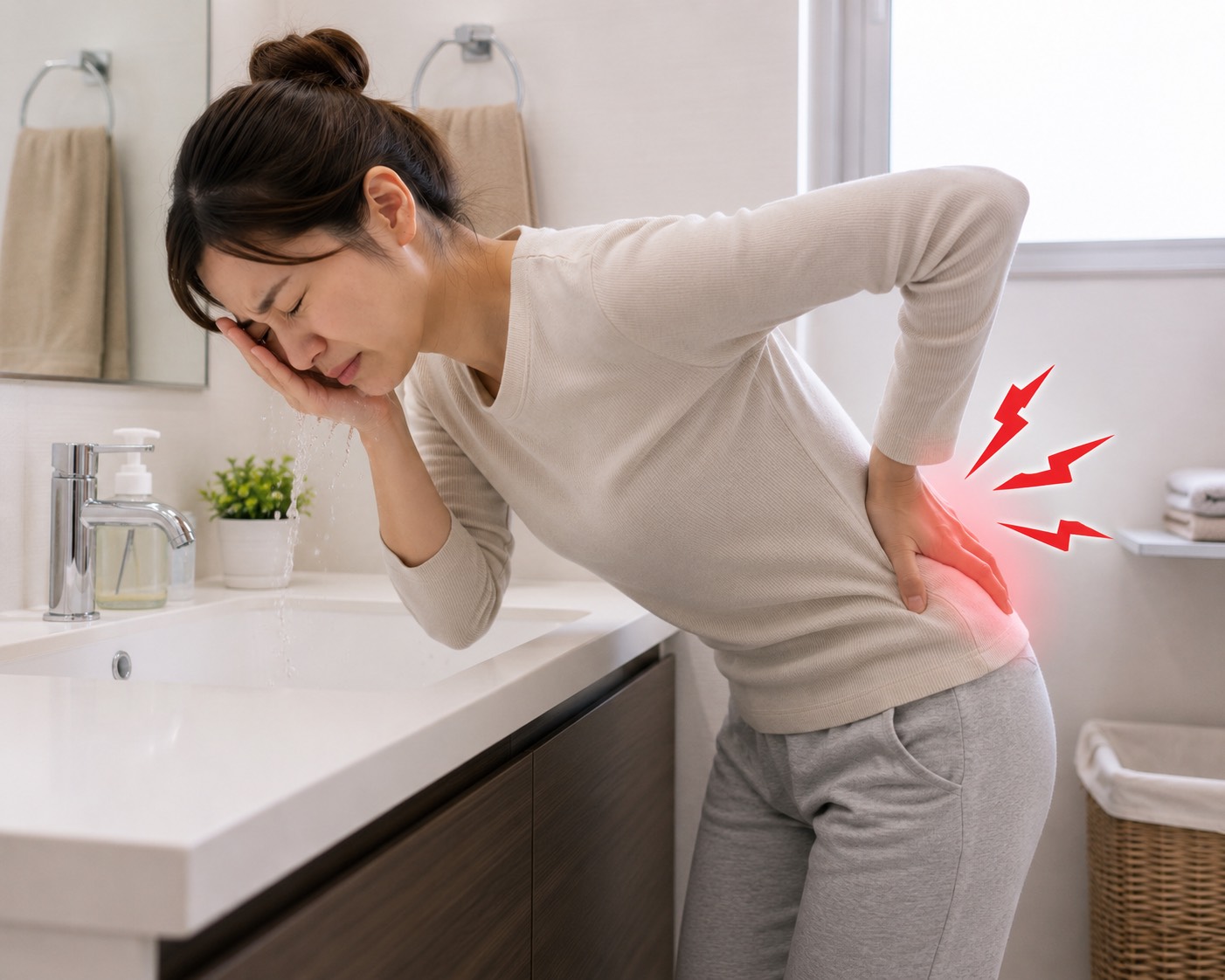 顔を洗う時の前かがみ姿勢で腰に痛みを感じる方のイメージ