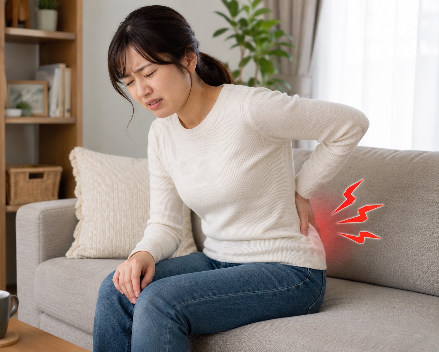 ソファーに座っていると腰が痛くなる原因|八王子市 ソファーに座って腰の痛みを感じ、腰を押さえる女性|八王子市の腰痛相談