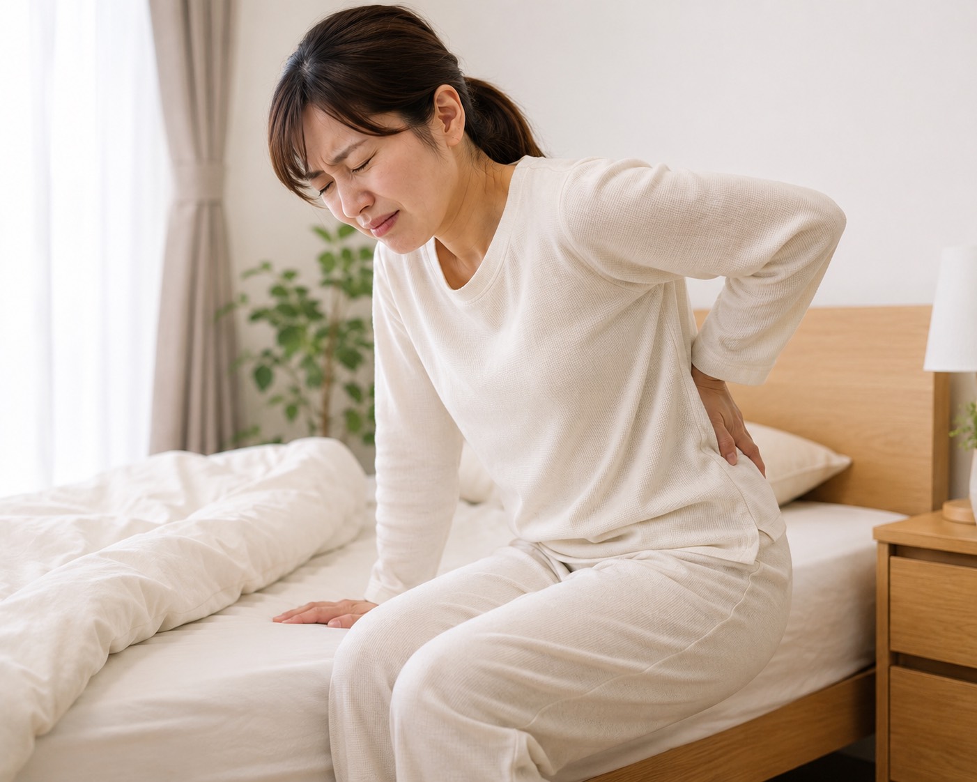 八王子市|ベッドから起きる時に腰が痛い原因と対処法 ベッドから起き上がる時に腰の痛みを感じる女性|八王子市の腰痛相談