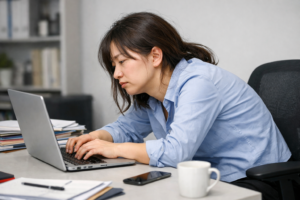 デスクワークによる肩こりや疲労感など不調を感じている女性