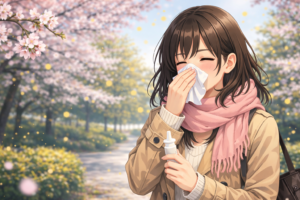 花粉の舞う春の公園で、鼻を押さえるマフラー姿の女性のイラスト。花粉症のつらさを表現した一枚。