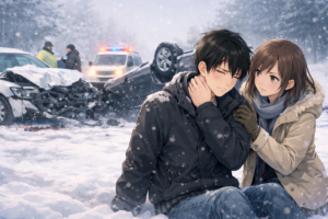大雪の日の交通事故現場で、首の痛みを気にする男性を支える女性と横転した車のイメージ