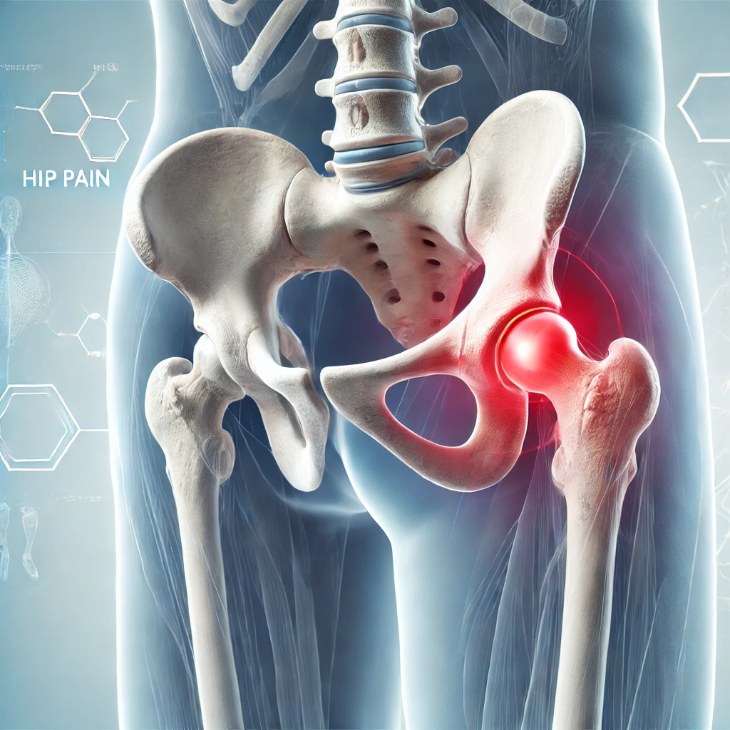 An anatomical illustration of the human hip joint with a focus on hip pain. The image shows the skeletal structure, muscles, and areas commonly affected by pain. A subtle red highlight indicates pain points around the hip joint. The background is clean and medical-themed.
