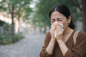 街路樹の並ぶ道で花粉に苦しみ、鼻をかむ女性。くしゃみや鼻水でつらそうな表情を浮かべ、花粉が飛散している様子が見える。 