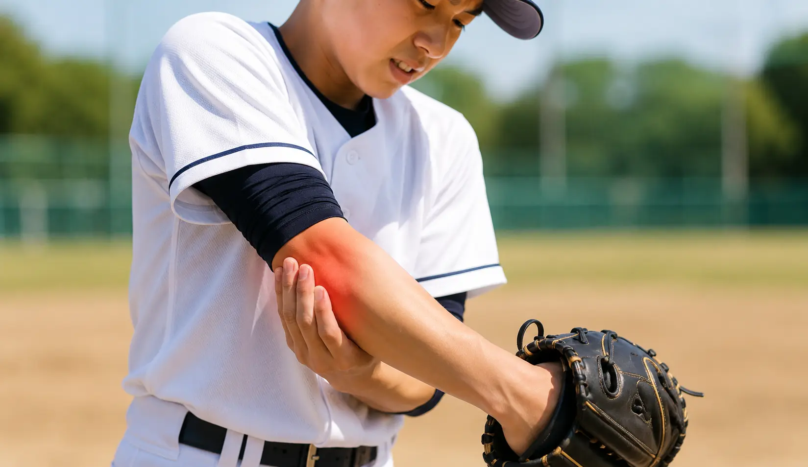 投球後に肘の後ろ側へ痛みを感じ、肘を押さえる野球選手