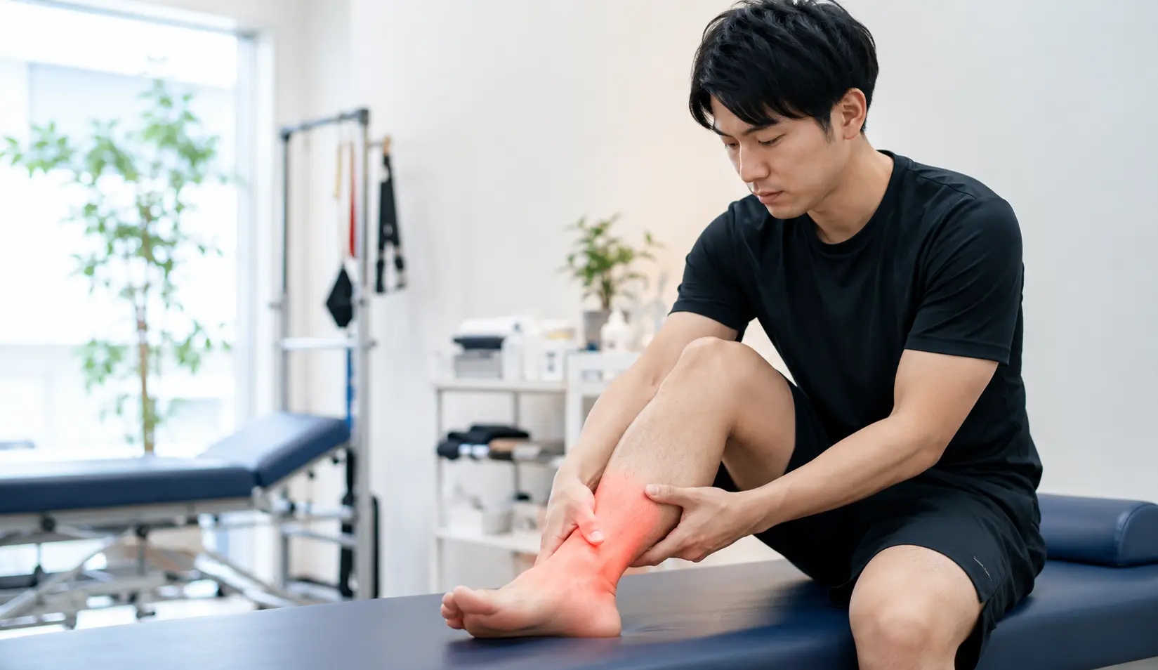 距骨骨折後に残る足首の痛みや動かしにくさを確認する男性|多摩整骨院 高幡不動院