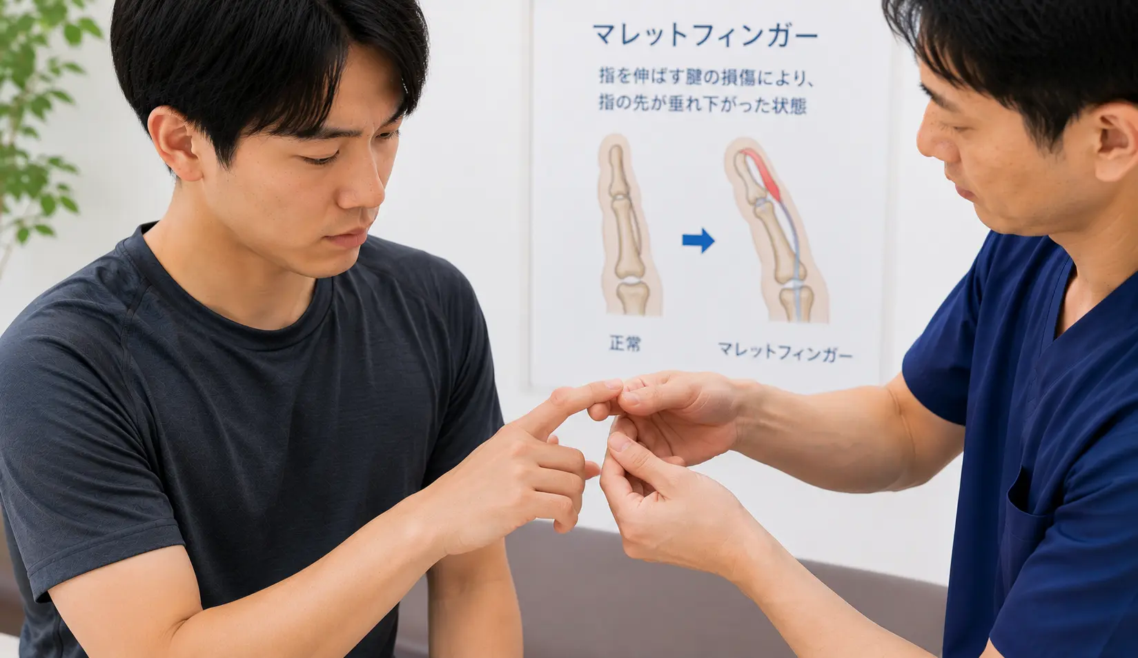 マレットフィンガーにより指先が伸ばしにくく、指の状態を確認している人物のイメージ