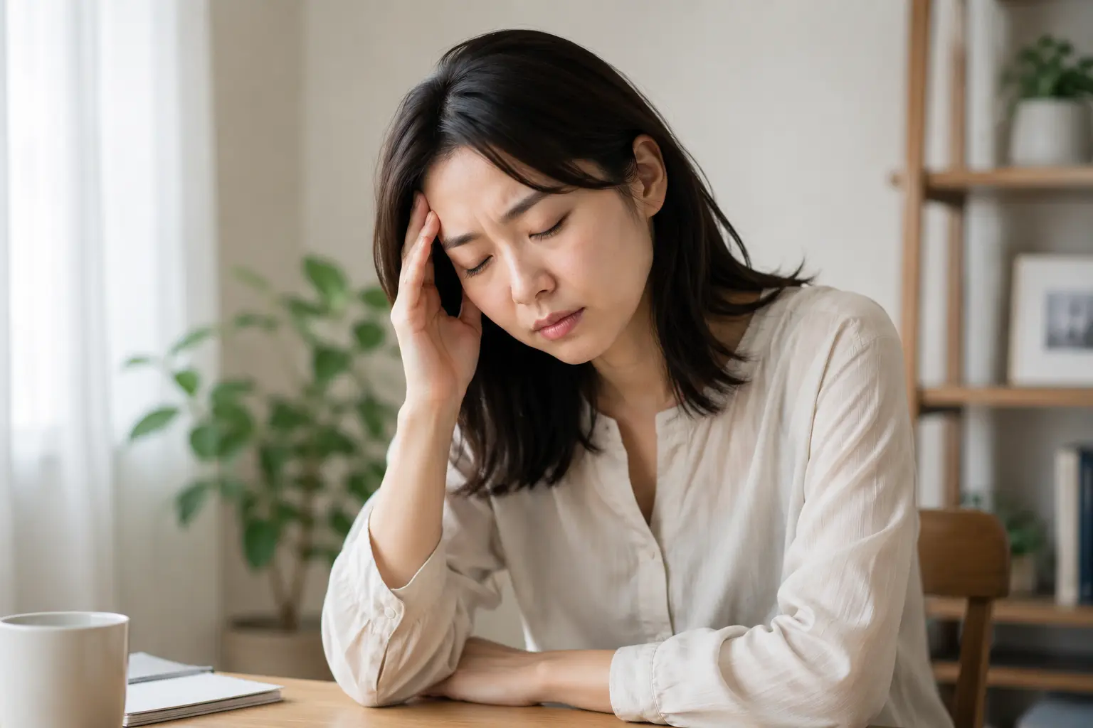 起立性調節障害による頭痛や倦怠感を感じ、つらそうにこめかみを押さえる女性|多摩鍼灸整骨院 高幡不動院