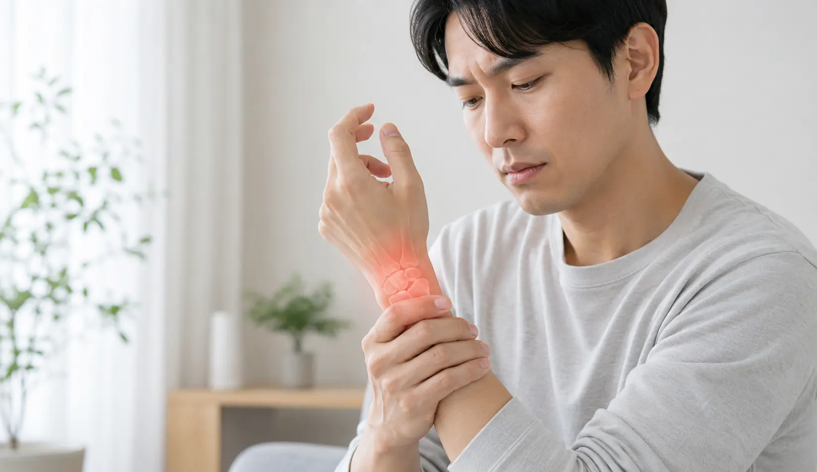 手首の手根骨まわりに痛みを感じ、患部を押さえている男性のイメージ
