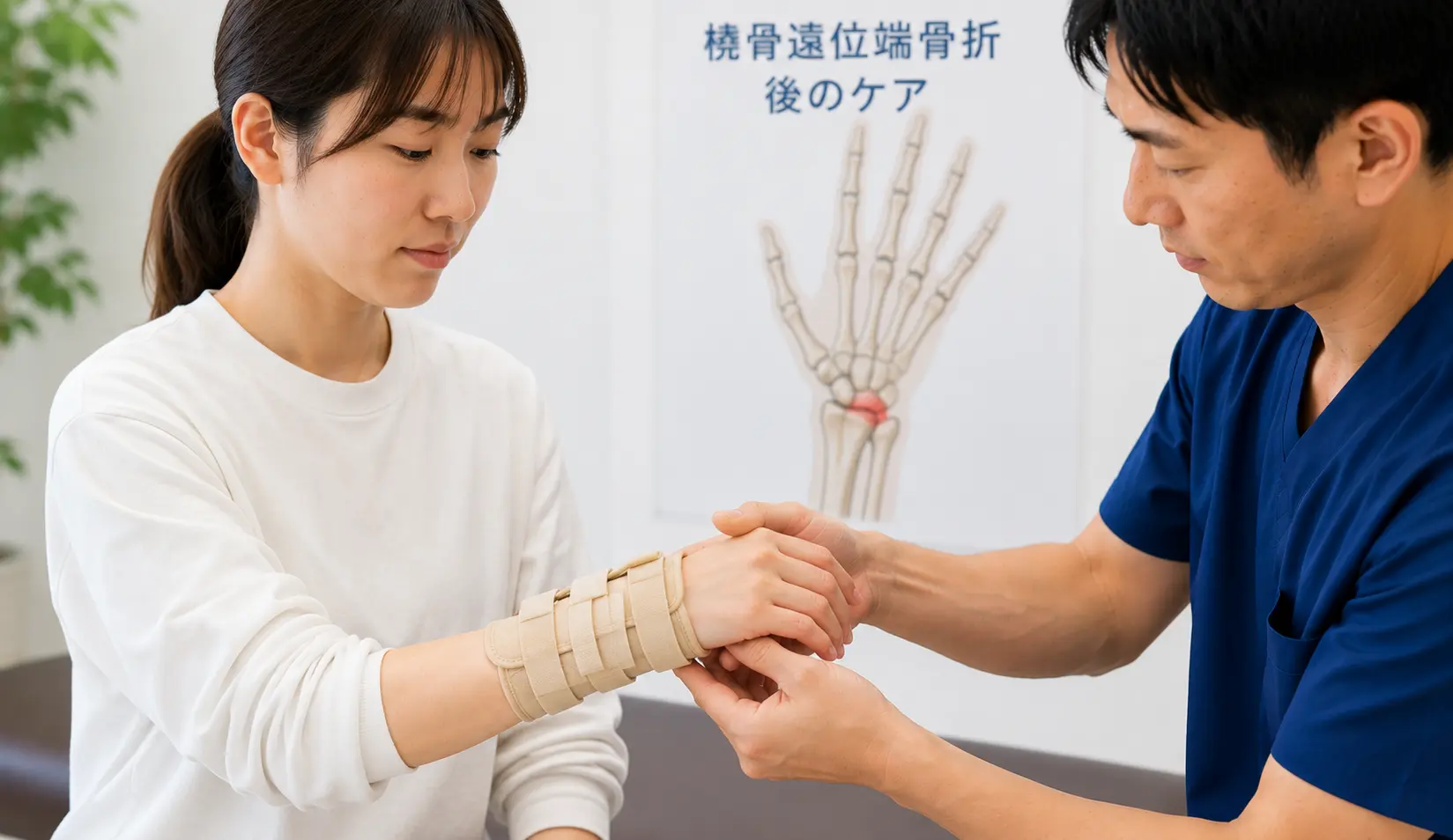 橈骨遠位端骨折後の手首に装具をつけ、可動域や動きを確認しながらケアを受けている女性のイメージ