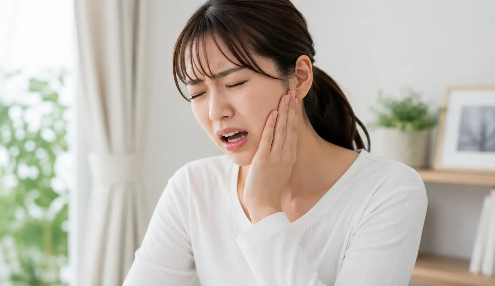 顎関節脱臼による顎の痛みを感じ、口を開けたまま頬を押さえる女性｜多摩鍼灸整骨院 高幡不動院