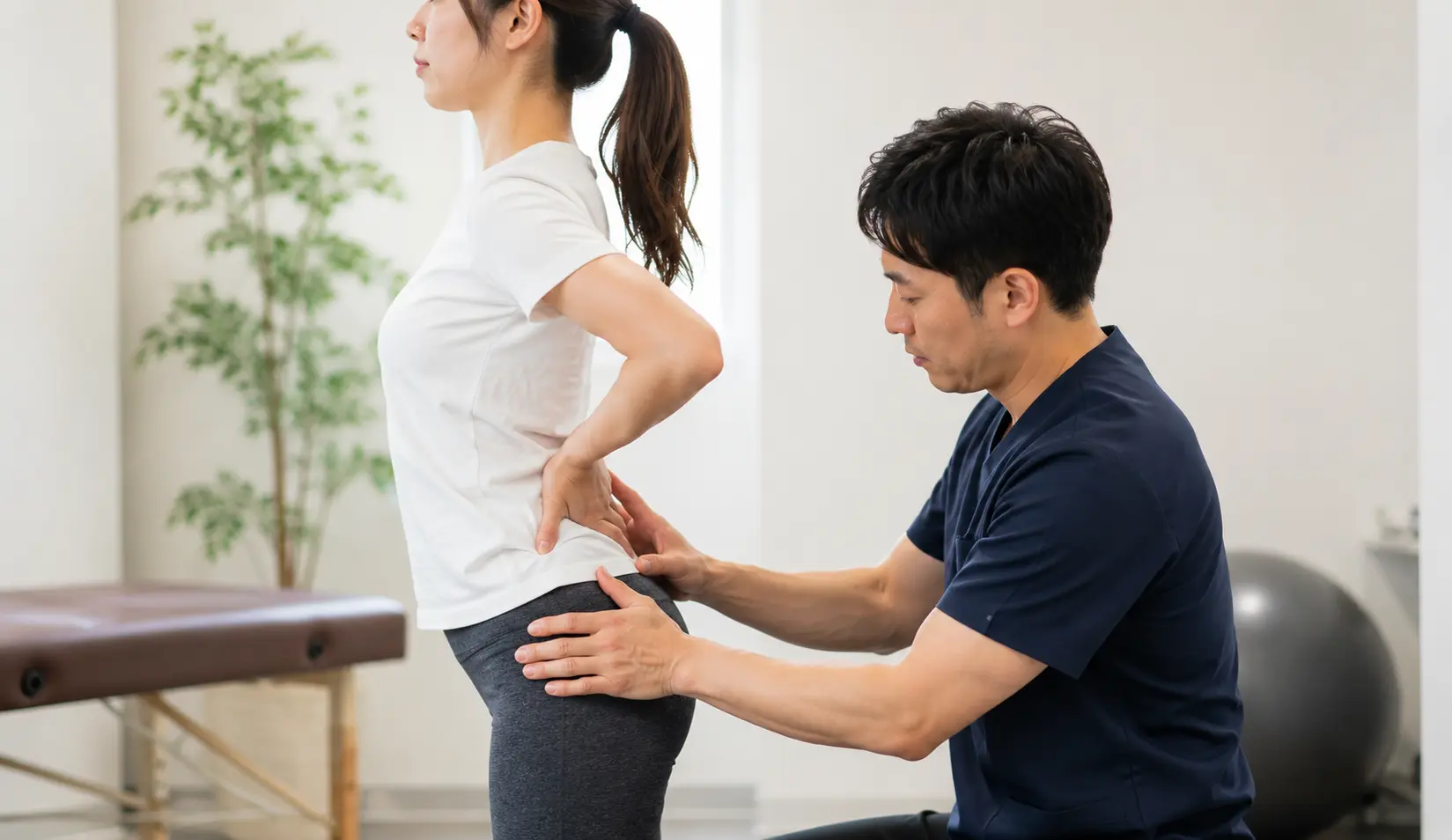 腰が反りやすい姿勢を確認し、骨盤や腰まわりの状態をケアしている様子