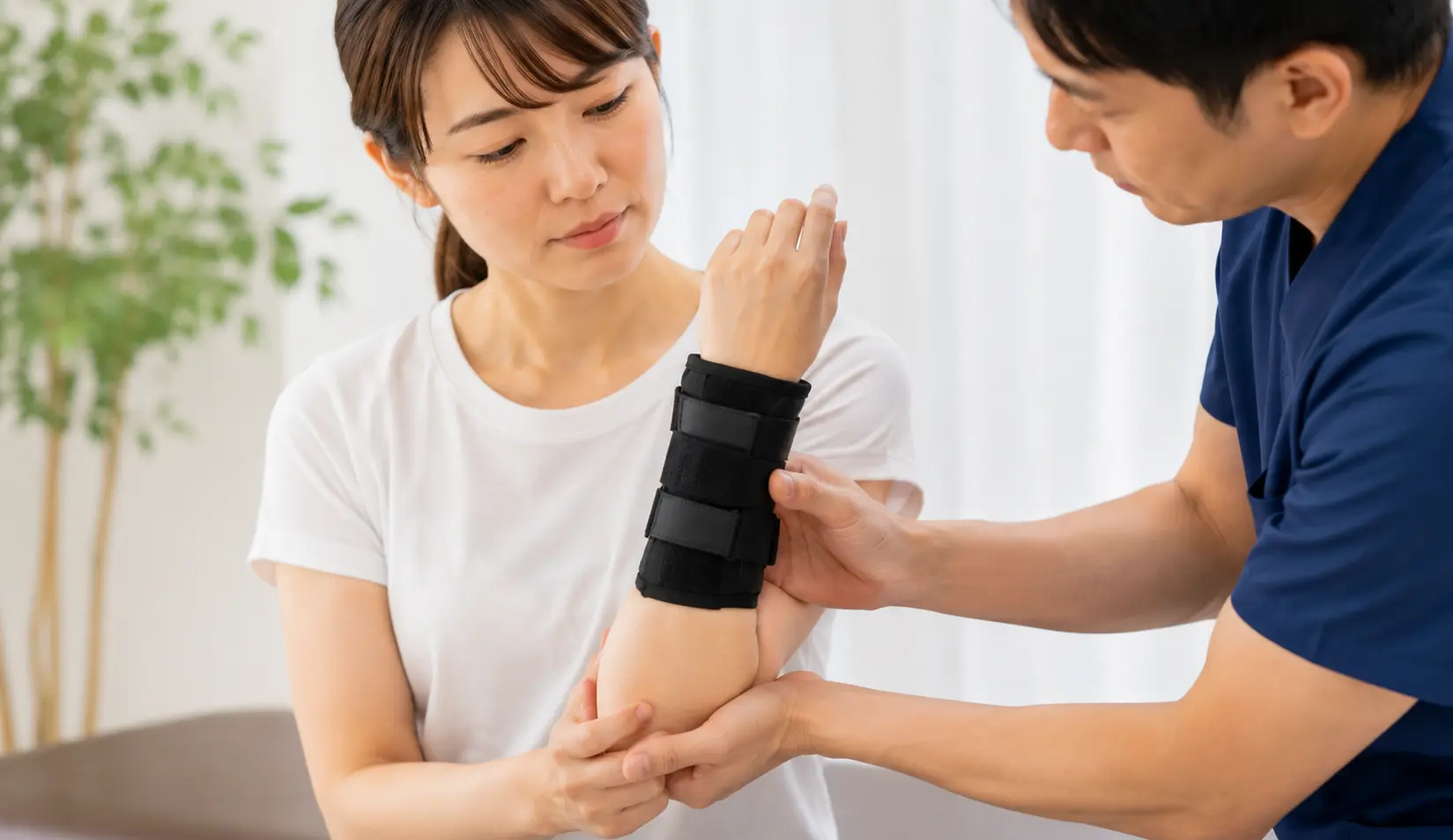 ガレアジ骨折後の前腕から手首にサポーターを装着し、可動域の確認やケアを受けている女性のイメージ