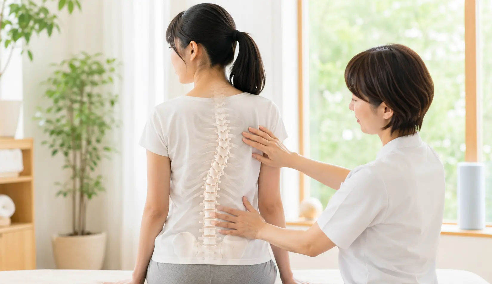 側弯症による背骨のゆがみを確認し、体の状態に合わせたケアを行う様子