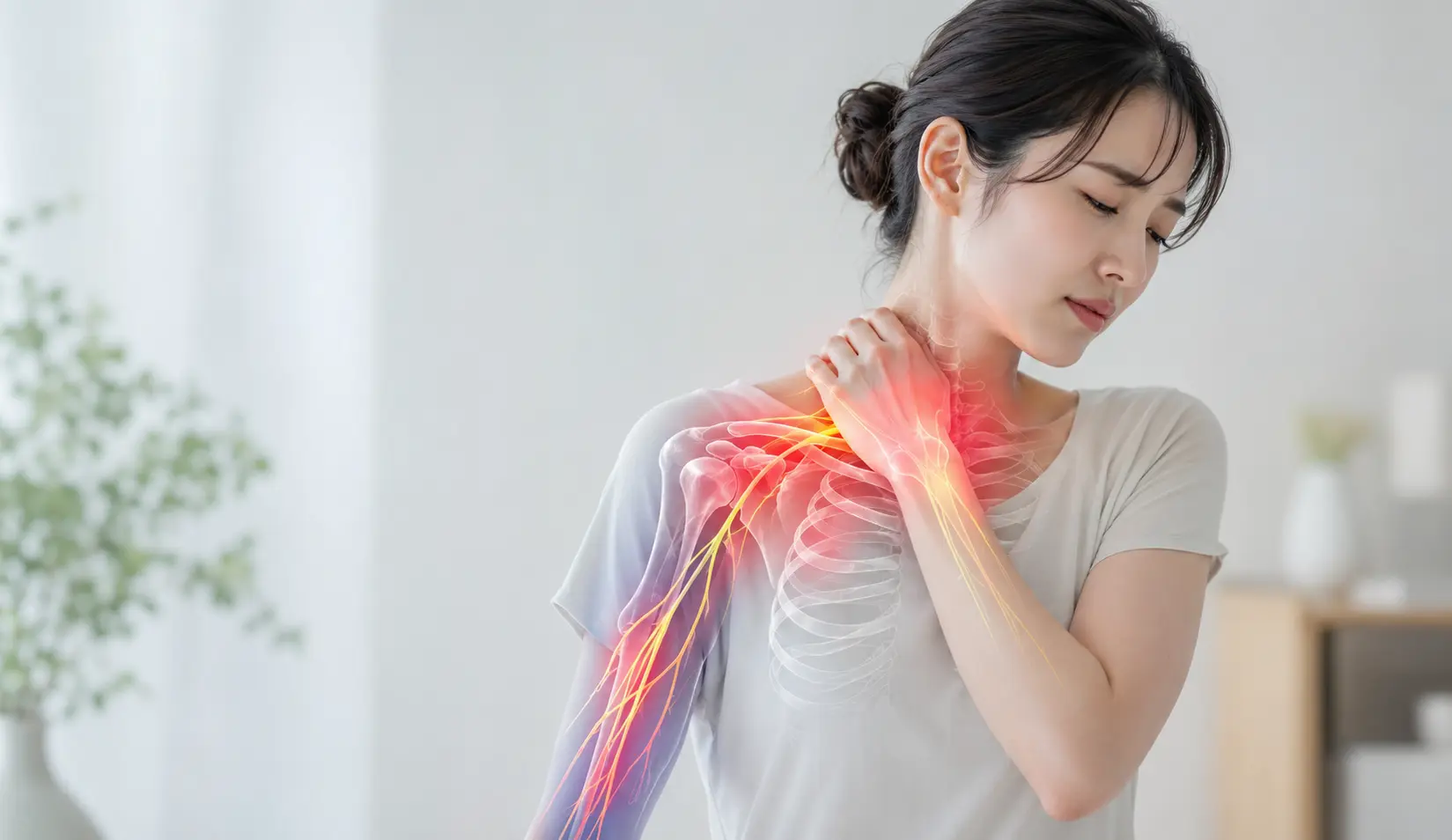首から肩、腕にかけてのしびれや痛みを感じ、胸郭出口症候群の症状を表した女性のイメージ