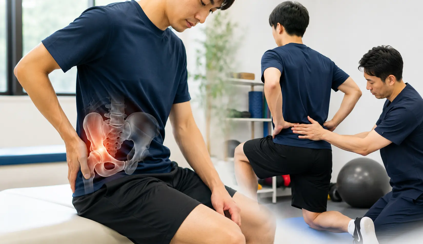 骨盤裂離骨折後の股関節まわりの痛みに対して、施術やリハビリを受けている男性のイメージ