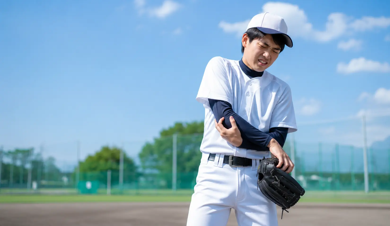 投球時の肘の内側の痛みに悩み、肘を押さえる野球選手