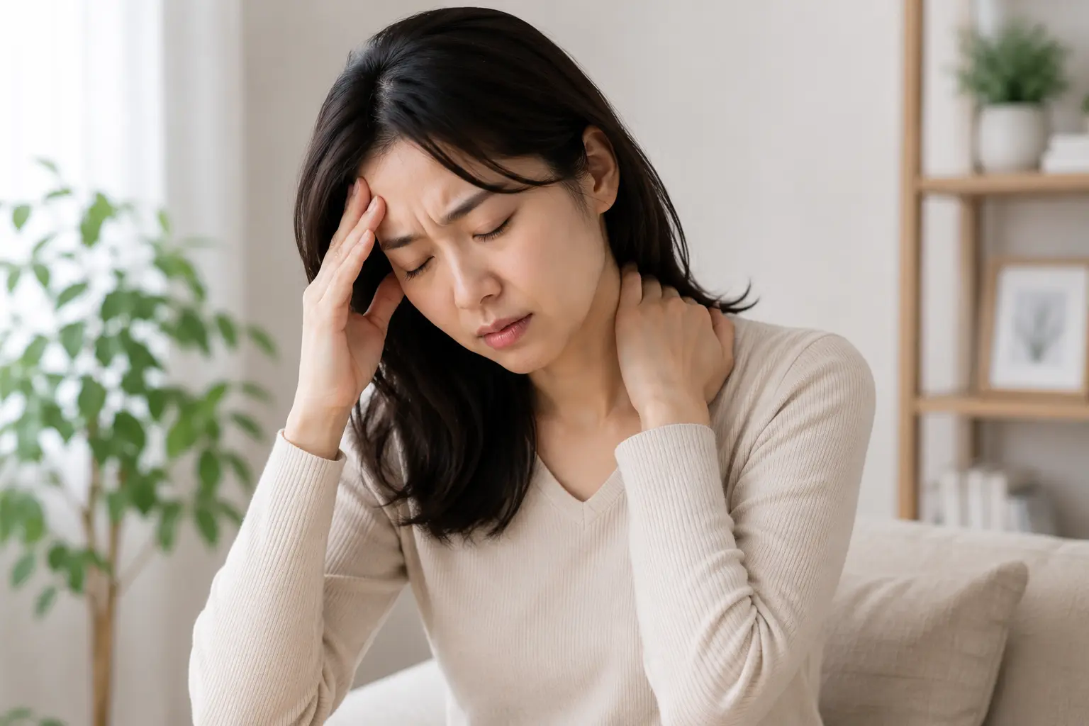 首肩こりによる頭の重さや頭痛を感じ、こめかみと首を押さえる女性|多摩鍼灸整骨院 高幡不動院
