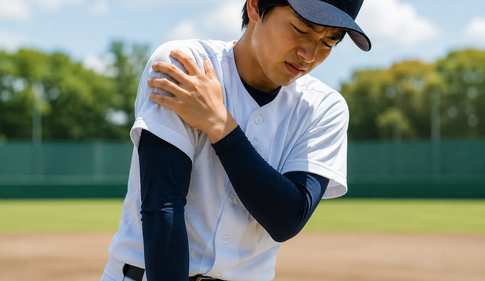 投球後に肩の痛みを感じ、肩を押さえる野球選手