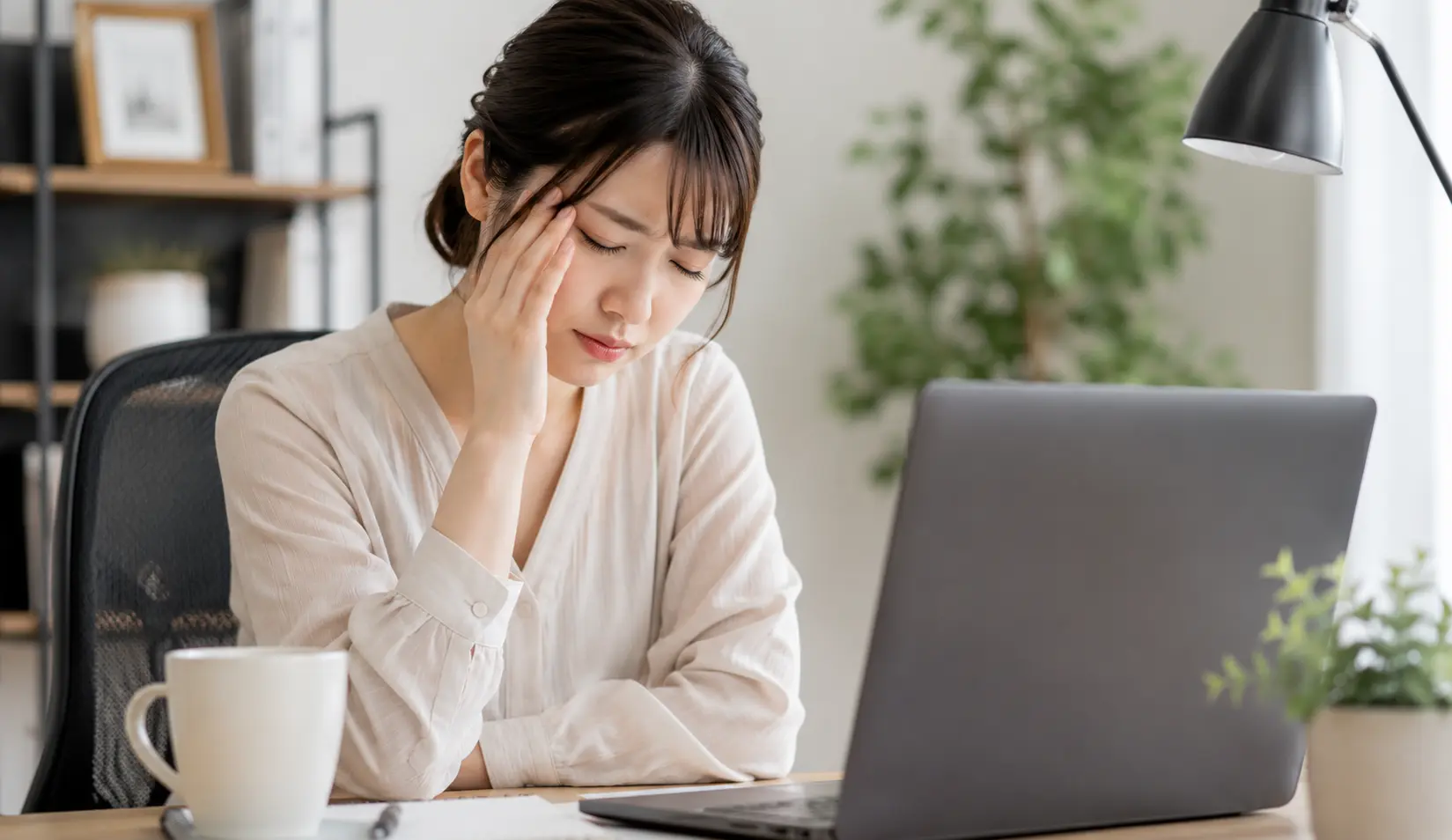 テレワーク中に頭痛を感じ、パソコンの前でこめかみを押さえる女性|多摩鍼灸整骨院 高幡不動院
