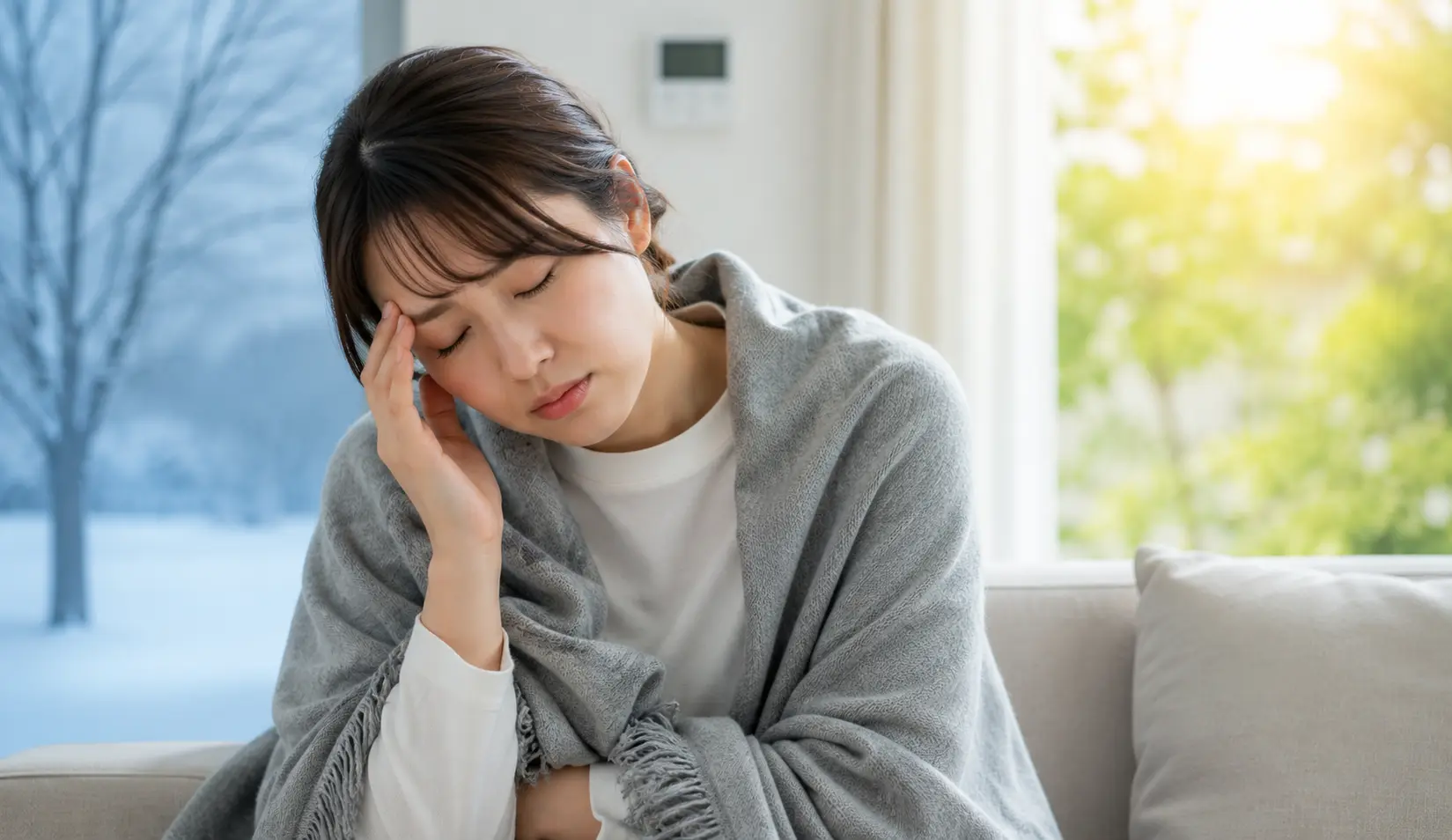寒暖差による頭痛や疲労感で、つらそうにこめかみを押さえる女性｜多摩鍼灸整骨院 高幡不動院