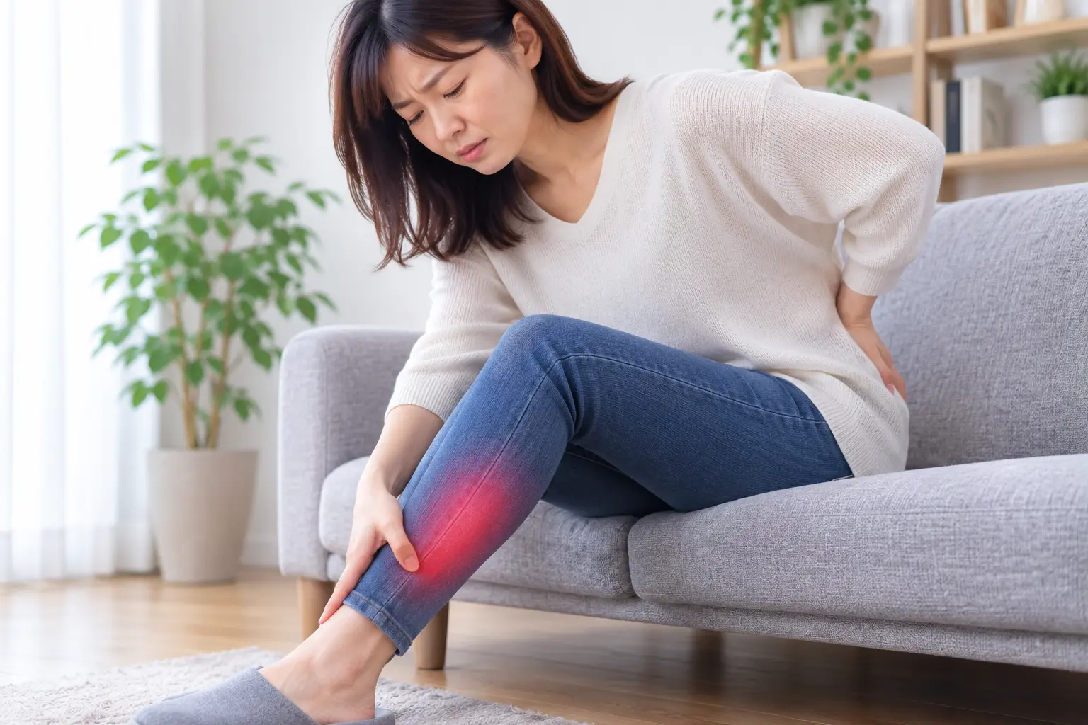 腰から足にかけてのしびれを感じ、腰とふくらはぎを押さえる女性|多摩鍼灸整骨院 高幡不動院