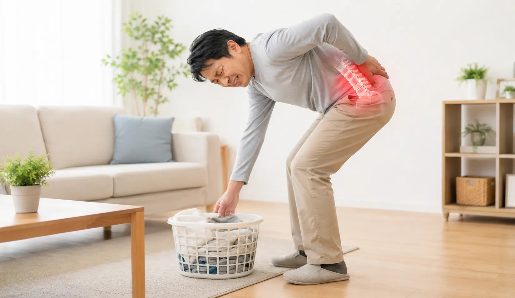 洗濯物を持ち上げる前かがみ動作で突然腰に強い痛みが出た男性｜多摩鍼灸整骨院 高幡不動院