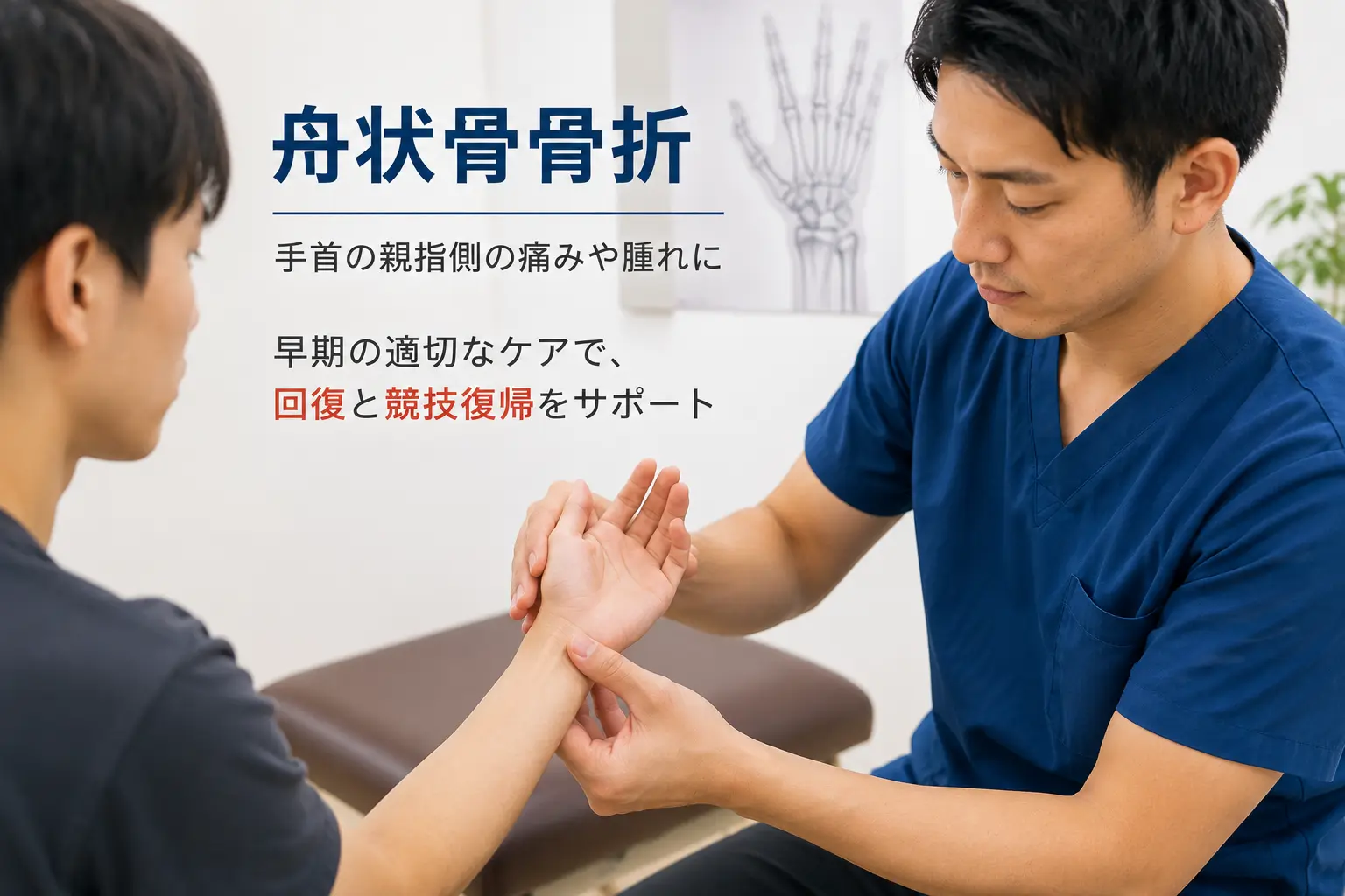 舟状骨骨折により手首の親指側に痛みがあり、手首の状態を確認している様子