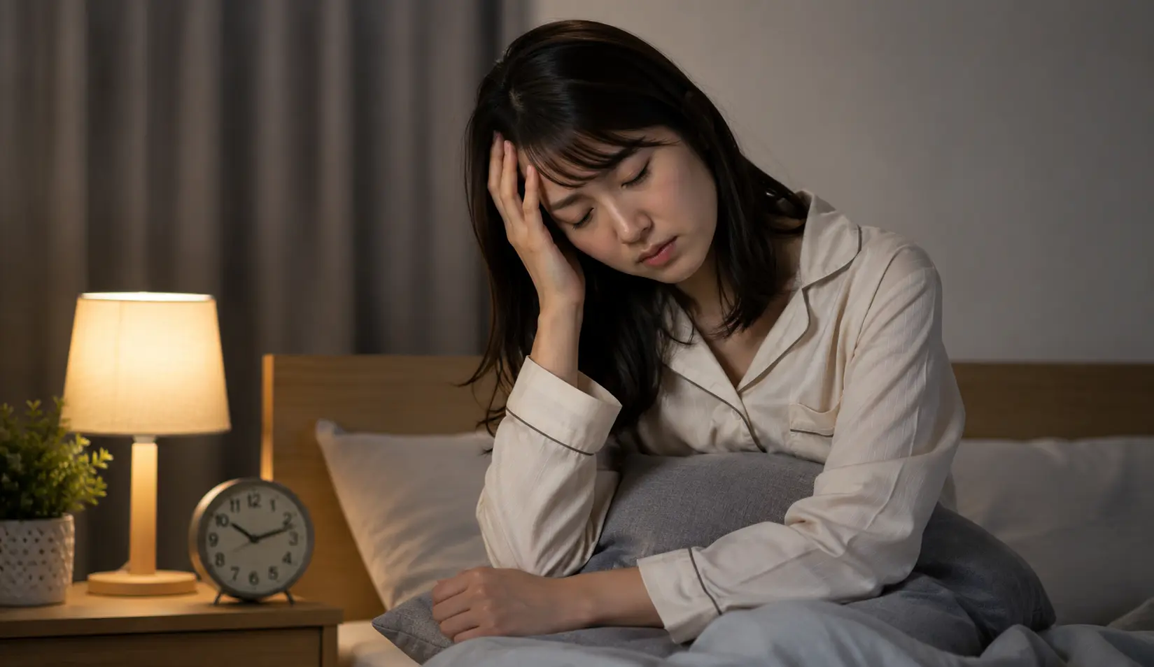 夜になっても眠れず、ベッドの上で疲れた様子で頭を抱える女性|多摩鍼灸整骨院 高幡不動院