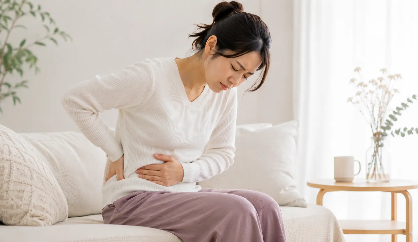 生理痛に伴う下腹部の痛みや腰痛、骨盤まわりの不調に悩む女性のイメージ