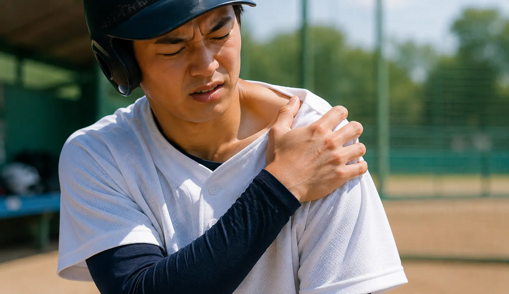 肩の上部に強い痛みを感じ、肩を押さえる野球選手