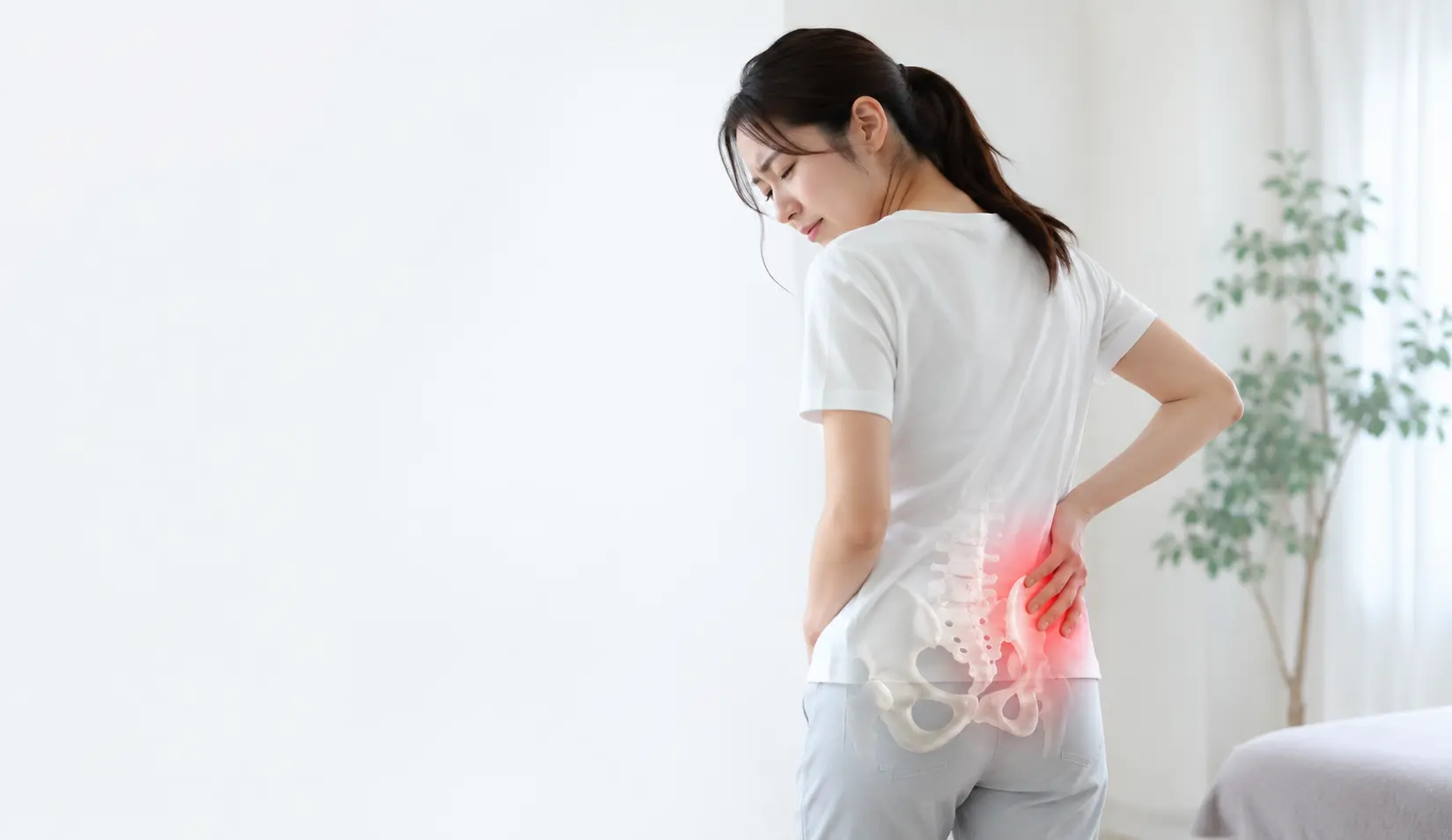 腰の片側と仙腸関節まわりを手で押さえる女性|多摩鍼灸整骨院 高幡不動院