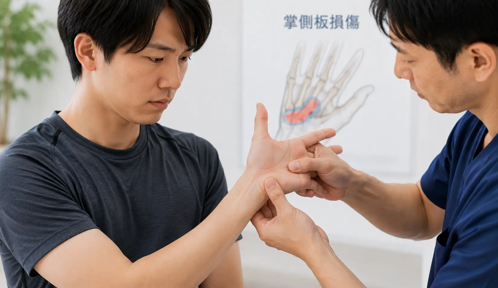 掌側板損傷による指の付け根の痛みに対して、関節の状態や動きを確認している男性のイメージ