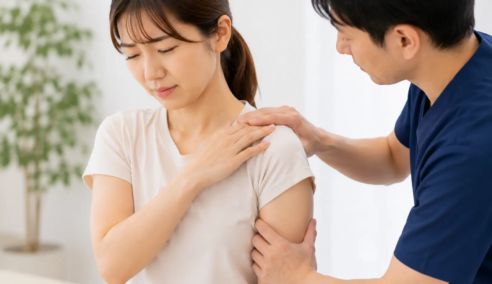 石灰性腱炎により肩に強い痛みを感じ、施術者が肩の状態を確認している様子