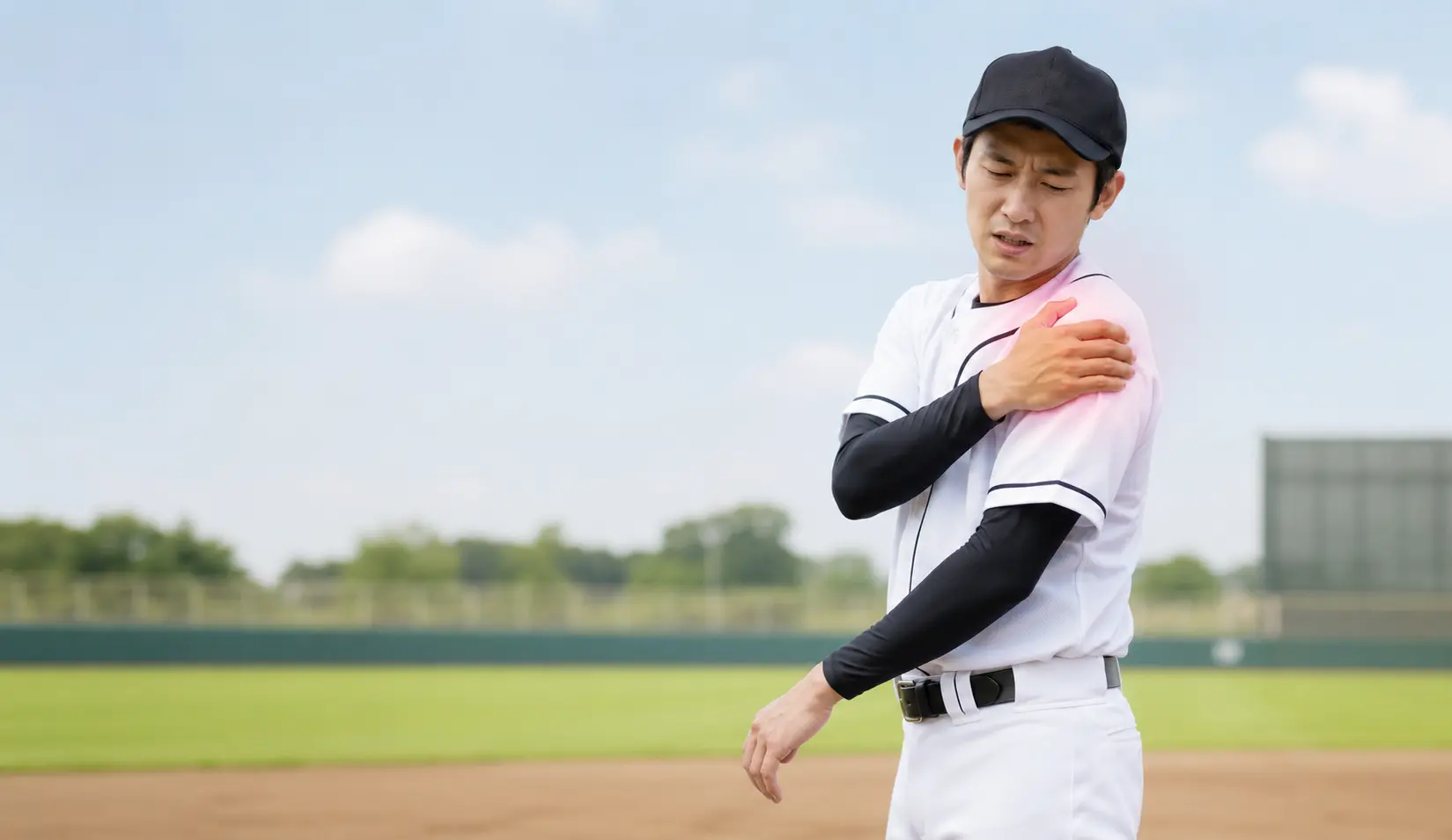 投球動作のあとに肩の痛みを感じ、肩を押さえる野球選手