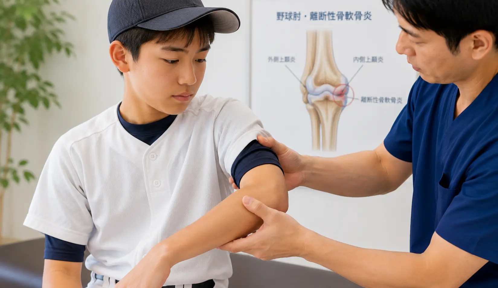 野球肘・離断性骨軟骨炎による肘の痛みに対して、関節の状態や可動域を確認している野球選手のイメージ