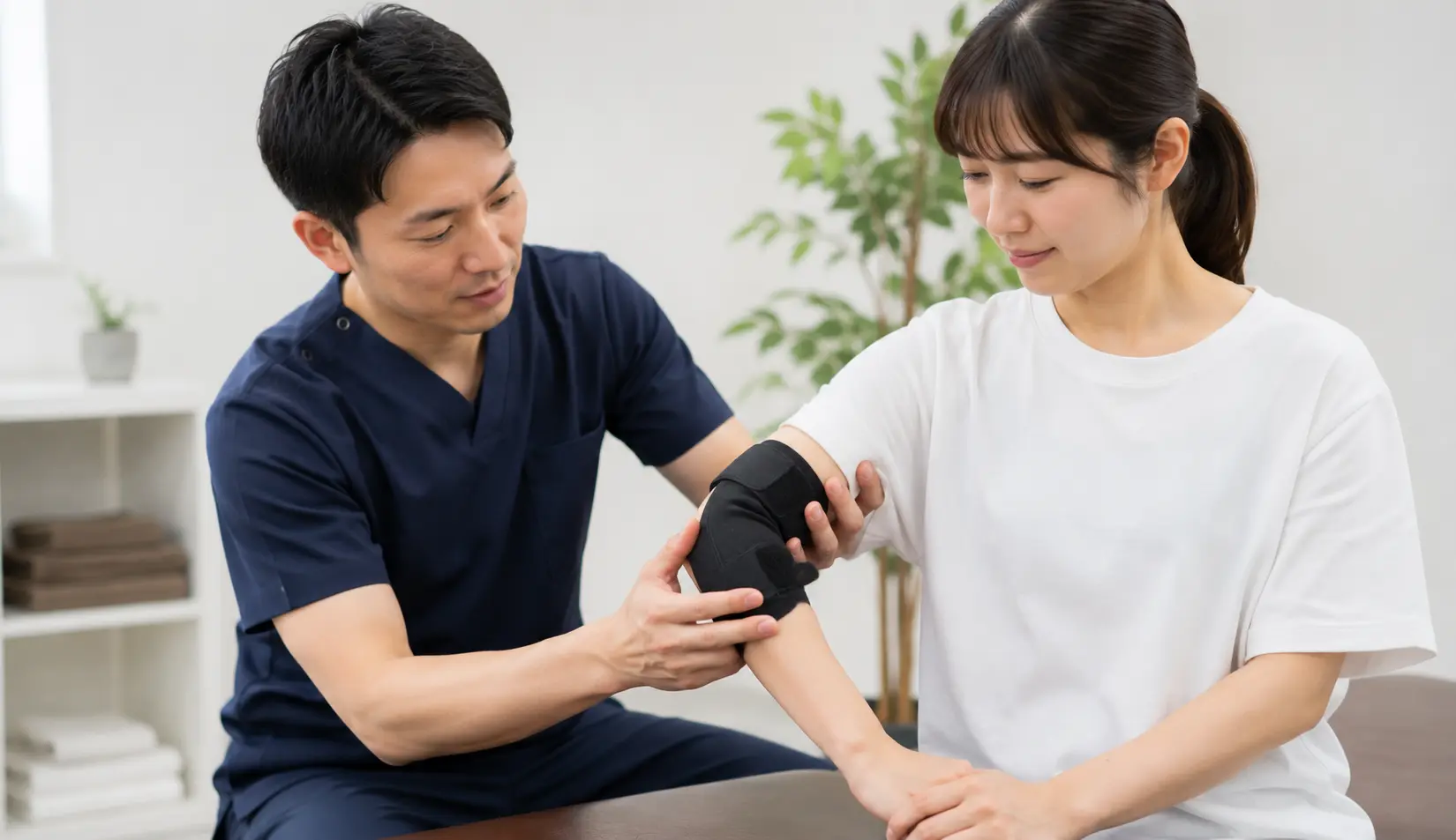 上腕骨外顆骨折後の肘に対して、サポーターを使用しながらケアを受けている女性のイメージ