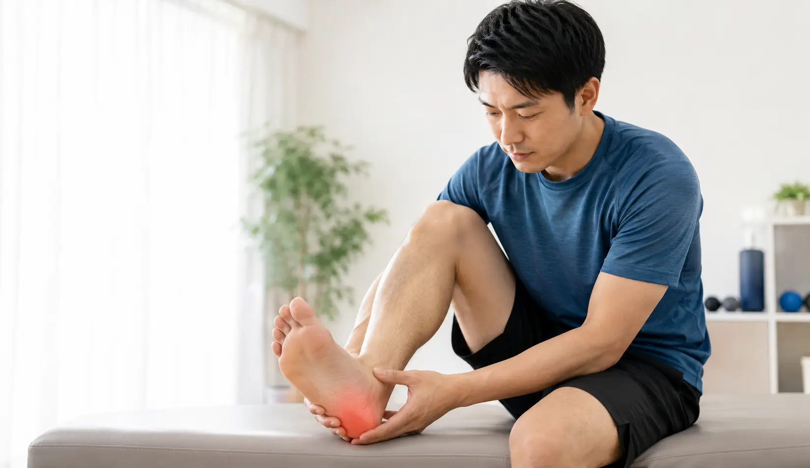 踵骨骨折後に残るかかとの痛みや動かしにくさを確認する男性｜多摩整骨院 高幡不動院