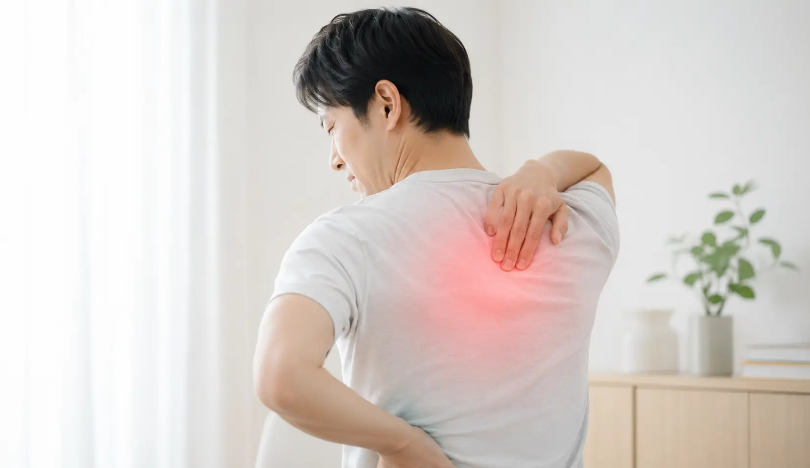 背中の上部に痛みを感じ、手で押さえている男性のイメージ