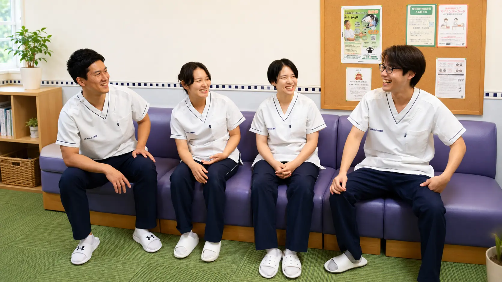 多摩鍼灸整骨院 高幡不動院のスタッフ4名が院内で笑顔で並ぶ様子。患者さまに寄り添い、安心して相談できる明るい雰囲気の整骨院です。